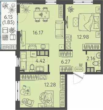 2-комнатная квартира: Краснодар, улица имени Б.С. Кудухова, 1 (53.5 м)
