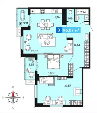 3-комнатная квартира: Засечное, микрорайон Город Спутник (96.07 м)