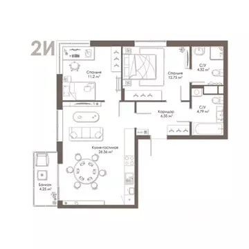 2-к кв. Рязанская область, Рязанский муниципальный округ, с. Дядьково ...