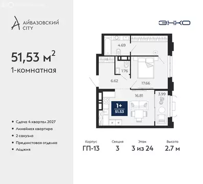 1-комнатная квартира: Тюмень, ЖК Айвазовский Сити (51.53 м)