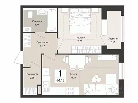 1-к кв. Воронежская область, Воронеж Эклипс жилой комплекс (44.12 м)