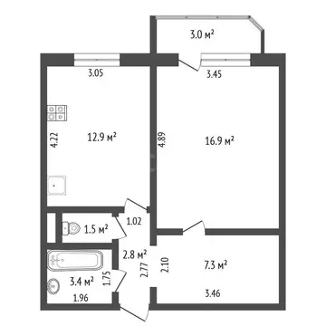 1-комнатная квартира: Тюмень, Широтная улица, 173к6 (44.8 м)