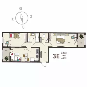 2-к кв. Воронежская область, с. Новая Усмань, Ольха мкр  (63.52 м)