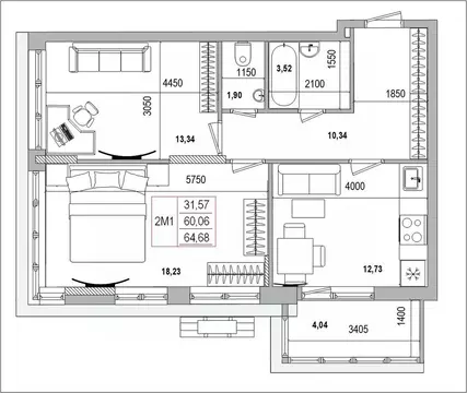 2-к кв. Белгородская область, Белгород Славянская ул. (64.78 м)