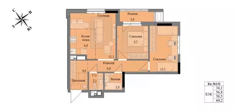 3-к кв. Удмуртия, Ижевск Краски Леса жилой комплекс (58.5 м)