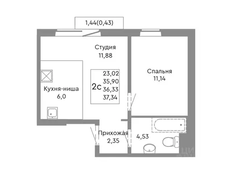 2-к кв. Челябинская область, Челябинск ул. Танкистов, 175 (36.33 м)