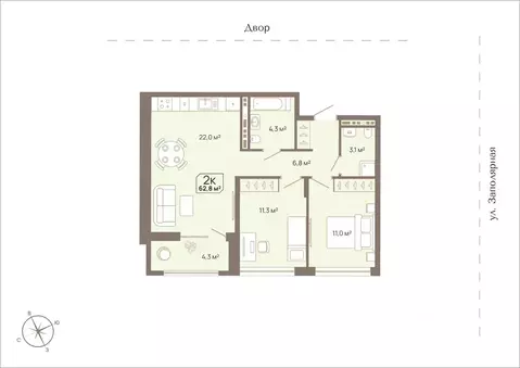 2-к кв. Тюменская область, Тюмень ул. Заполярная, 3 (62.8 м)