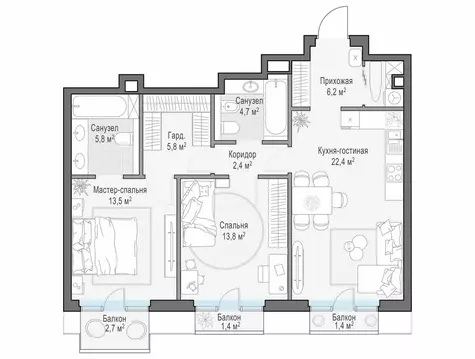 2-комнатная квартира: Москва, Средний Тишинский переулок (76.1 м)
