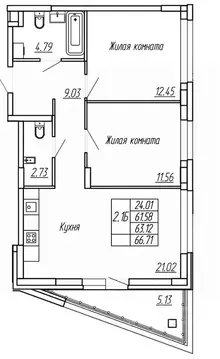 2-к кв. Марий Эл, Йошкар-Ола Два Капитана жилой комплекс (63.12 м)