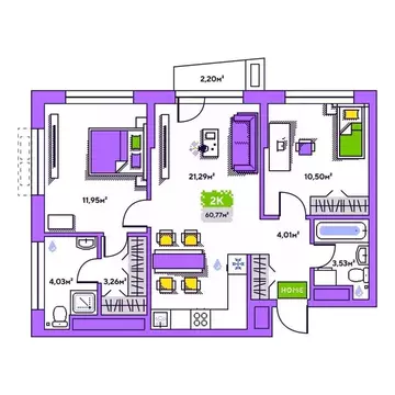 2-к кв. Тюменская область, Тюмень Полевая ул., 93 (60.77 м)