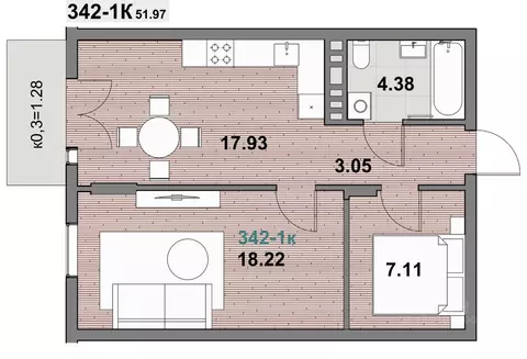 1-к кв. Калининградская область, Зеленоградск ул. Гагарина (51.97 м)