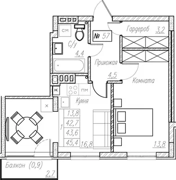 1-к кв. Калининградская область, Пионерский  (43.6 м)