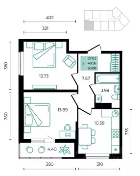 2-к кв. Адыгея, Майкопский район, пос. Тульский  (50.88 м)