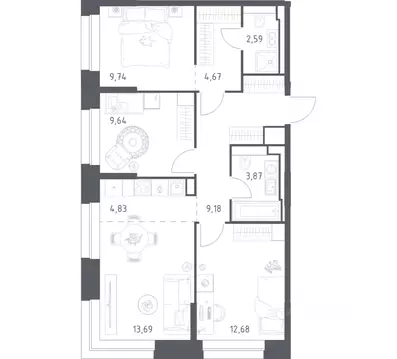 3-к кв. Москва Верейская ул., 43к9 (70.89 м)