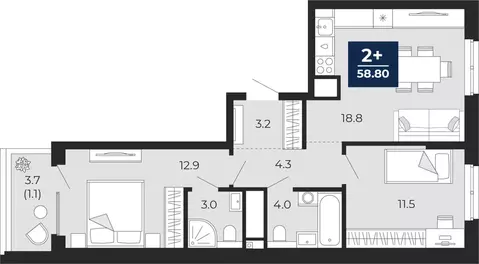 2-комнатная квартира: Тюмень, проезд Капитана Куликова, 7 (61.4 м)