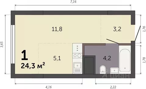 Студия Свердловская область, Екатеринбург Южный жилрайон,  (24.3 м)