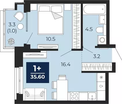 1-комнатная квартира: Тюмень, проезд Капитана Куликова, 5 (37.9 м)