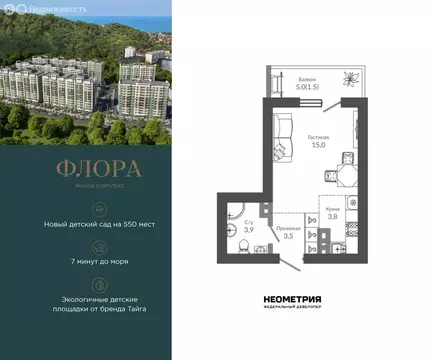 1-комнатная квартира: Сочи, улица Искры, 66/9к3 (27.6 м)