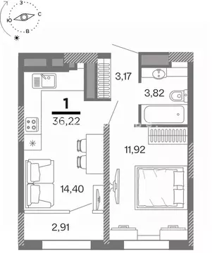 1-к кв. Рязанская область, Рязань ул. Полина, 3 (36.22 м)