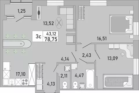3-к кв. Башкортостан, Уфа Бакалинская ул., 9/1 (78.75 м)