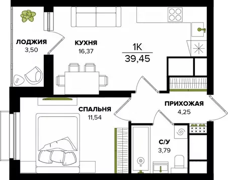 1-к кв. Тульская область, Тула  (39.45 м)