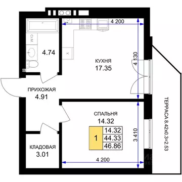1-к кв. Калининградская область, Гурьевск Включи жилой комплекс (46.86 ...