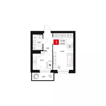 1-к кв. Башкортостан, Уфа ул. Большая Московская, 11 (35.63 м)