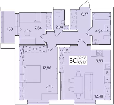 3-к кв. Башкортостан, Уфа Затон жилрайон, Волна жилой комплекс (59.72 ...