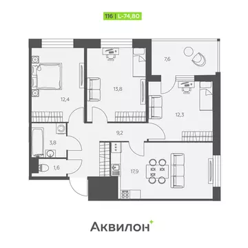 3-комнатная квартира: Заневское городское поселение, Кудрово, ...