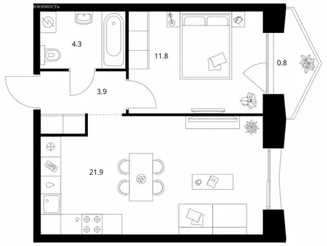1-комнатная квартира: Казань, Ботаническая улица (42.7 м)