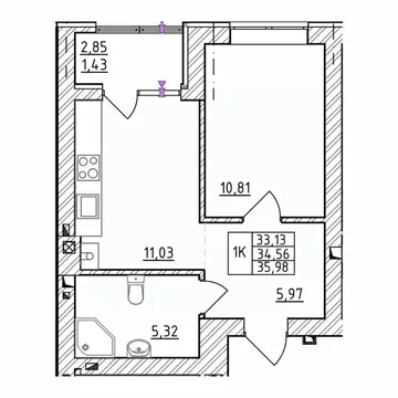 1-к кв. Калининградская область, Зеленоградск  (35.98 м)