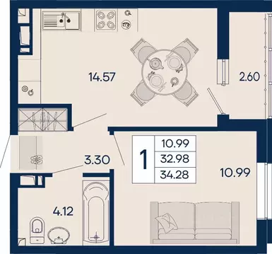 1-к кв. Краснодарский край, Краснодар  (34.28 м)