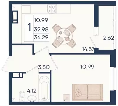 1-к кв. Краснодарский край, Краснодар  (34.29 м)