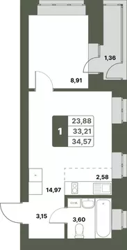 1-к кв. Башкортостан, Уфимский район, с. Миловка  (34.57 м)