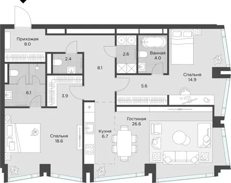3-к кв. Москва ул. Василисы Кожиной, вл25/1 (107.5 м)