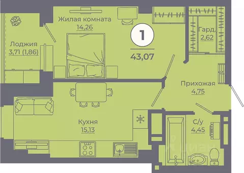1-к кв. Ростовская область, Ростов-на-Дону ул. Еременко, 115 (42.78 м)