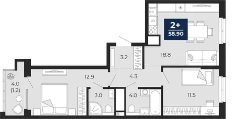 2-комнатная квартира: Тюмень, проезд Капитана Куликова, 7 (61.7 м)
