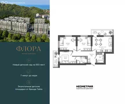 3-комнатная квартира: Сочи, улица Искры, 66/9к3 (71.4 м)