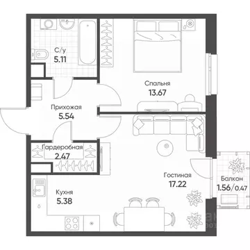 2-к кв. Татарстан, Казань Счастье в Казани жилой комплекс (49.86 м)