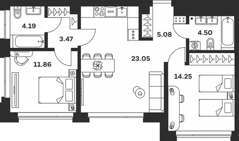 2-к кв. Тульская область, Тула Прайм Сойфера жилой комплекс (66.4 м)