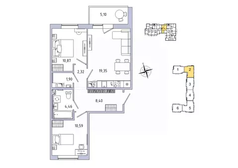 2-к кв. Ленинградская область, Гатчина Въезд мкр,  (60.44 м)