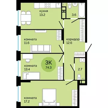 3-к кв. Пермский край, Пермь ул. Яблочкова, 5к4 (74.3 м)