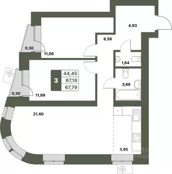 3-к кв. Башкортостан, Уфимский район, с. Миловка  (67.79 м)