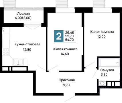 2-к кв. Адыгея, Тахтамукайский район, Яблоновский пгт  (54.7 м)