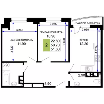 2-к кв. Краснодарский край, Анапа Песчаный жилой комплекс (51.6 м)