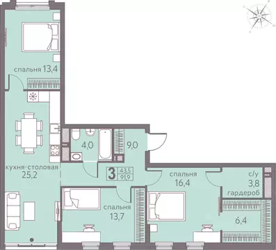 3-к кв. Пермский край, Пермь ул. Серебристая, 5 (91.9 м)