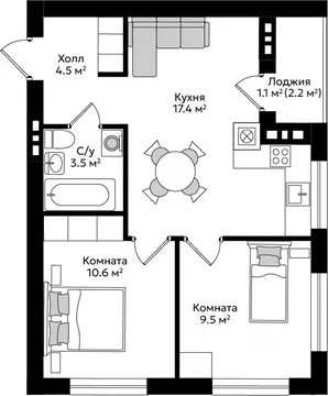 2-к кв. Калининградская область, Гурьевск Пражский жилой комплекс ...