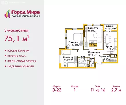 3-комнатная квартира: Симферополь, улица Батурина, 177к2 (75.1 м)