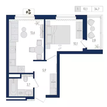 1-к кв. Башкортостан, Уфа бул. Яркий (34.7 м)