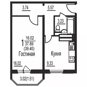 Квартира, 1 комната, 39.4 м